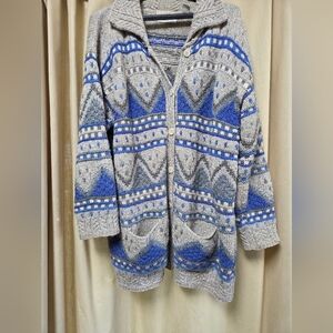 Vintage Segrets Vibrant/Cozy Blue & Gray Hand Knitted Wool Blend Cardigan
